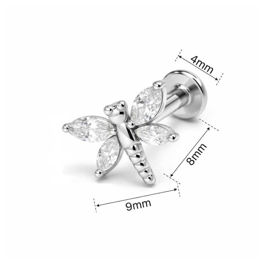 Piercing con libellula e zirconi in acciaio chirurgico 316L - Piercing per lobo, helix, forward helix, conch, flat, tragus