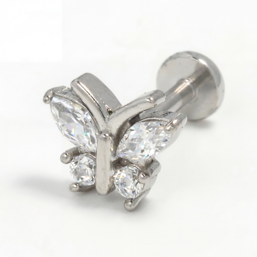 Piercing con farfallina di zirconi in Acciaio Chirurgico 316L - Piercing per lobo, helix, forward helix, conch, flat, tragus