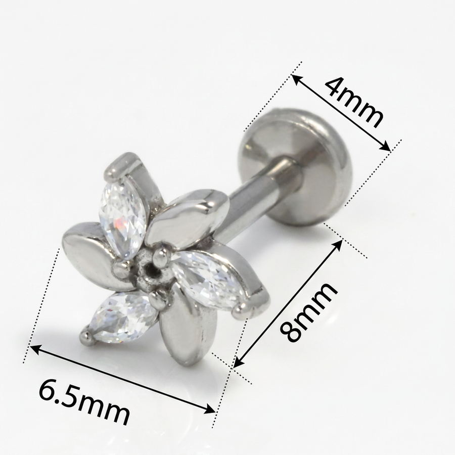 Piercing con fiore di zirconi in Acciaio Chirurgico 316L - Piercing per lobo, helix, forward helix, conch, flat, tragus