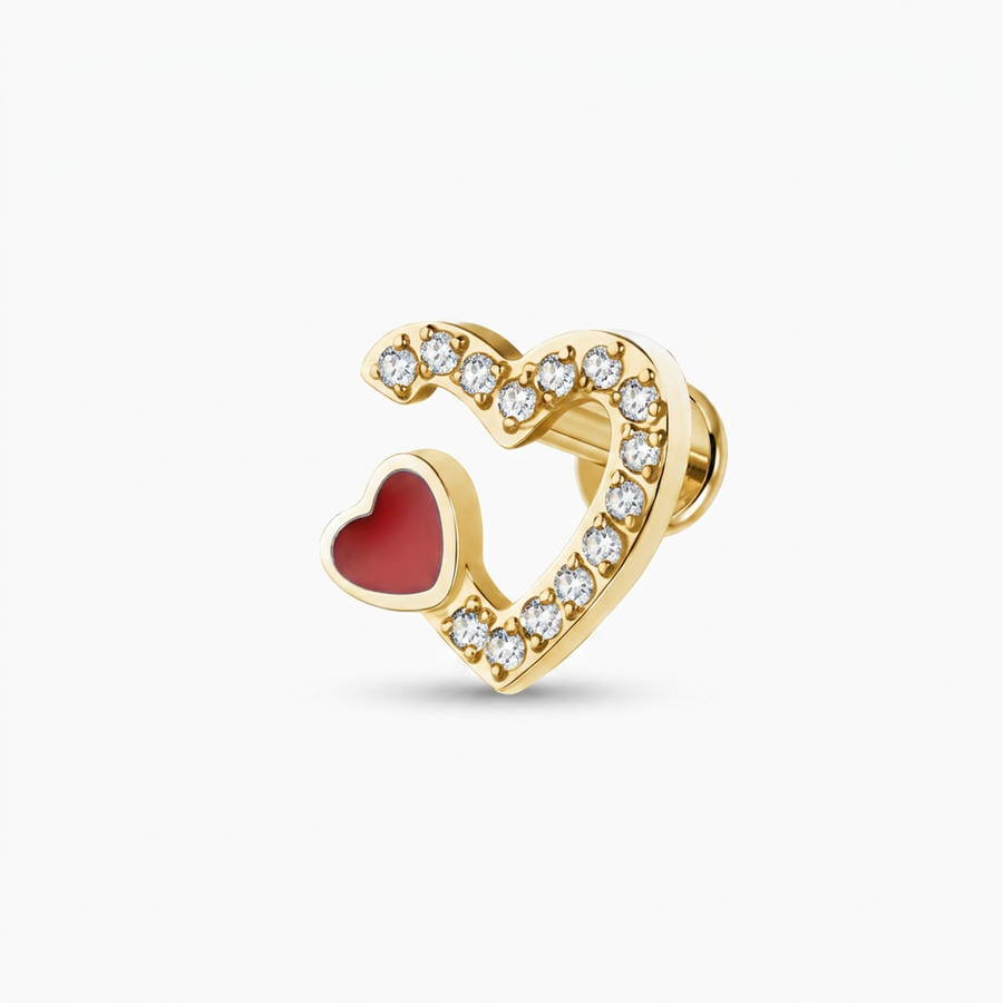Piercing con cuore di zirconi e cuoricino rosso in Acciaio Chirurgico 316L - Piercing per lobo, helix, forward helix, conch, flat, tragus