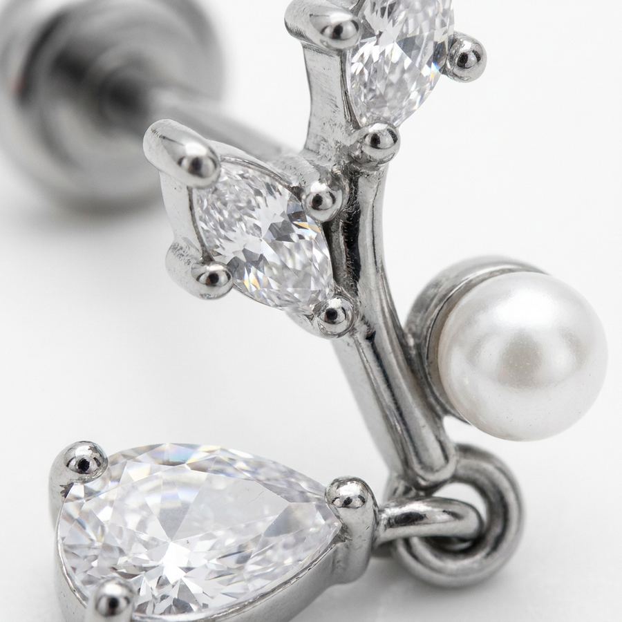 Piercing con ramoscello di zirconi e perla in acciaio chirurgico 316L - Piercing per lobo, helix, forward helix, conch, flat, tragus