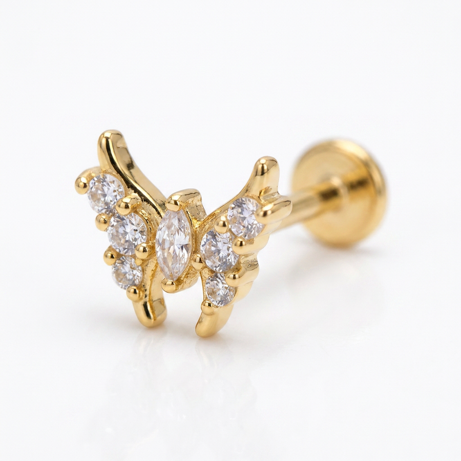 Piercing con farfalla zirconi in acciaio chirurgico 316L - Piercing per lobo, helix, forward helix, conch, flat, tragus