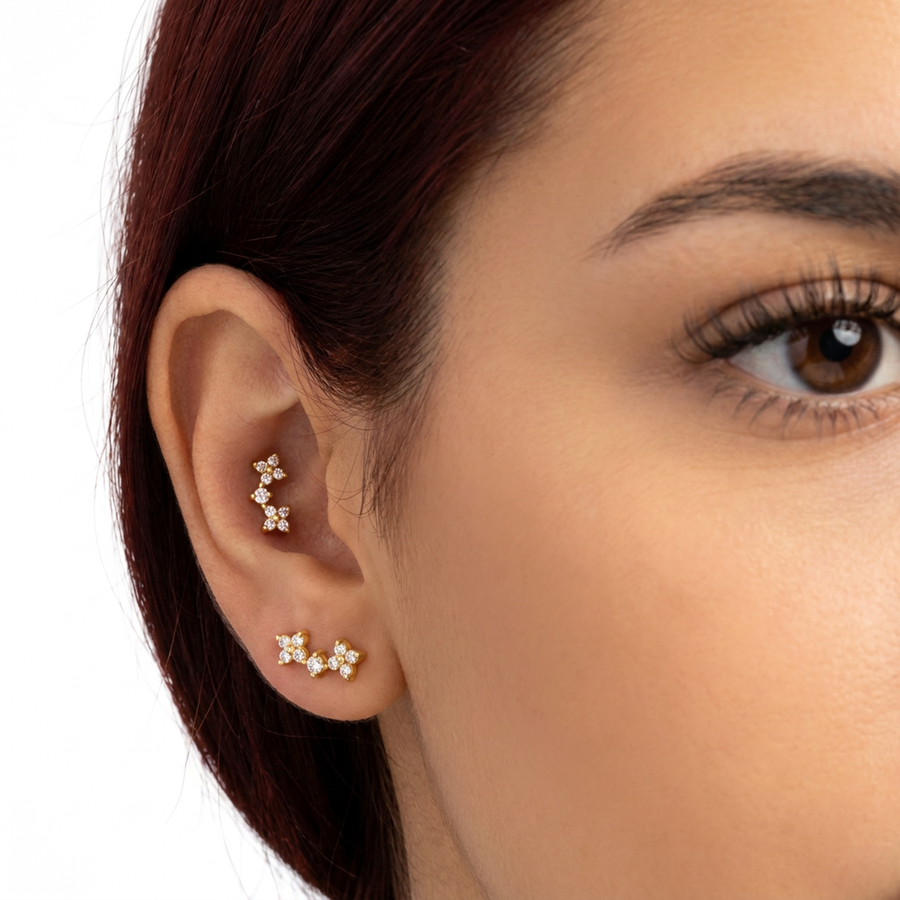 Piercing con fiorellini e zirconi in acciaio chirurgico 316L - Piercing per lobo, helix, forward helix, conch, flat, tragus