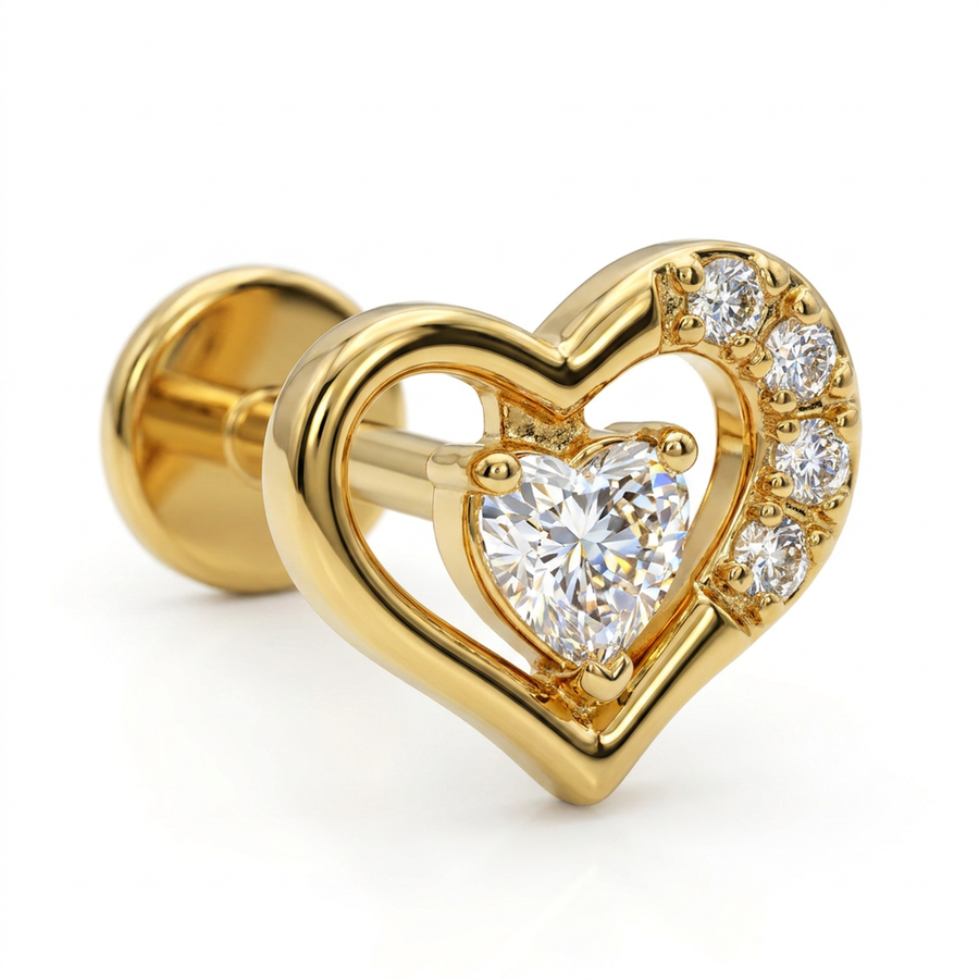 Piercing con cuore e zirconi in Acciaio Chirurgico 316L - Piercing per lobo, helix, forward helix, conch, flat, tragus