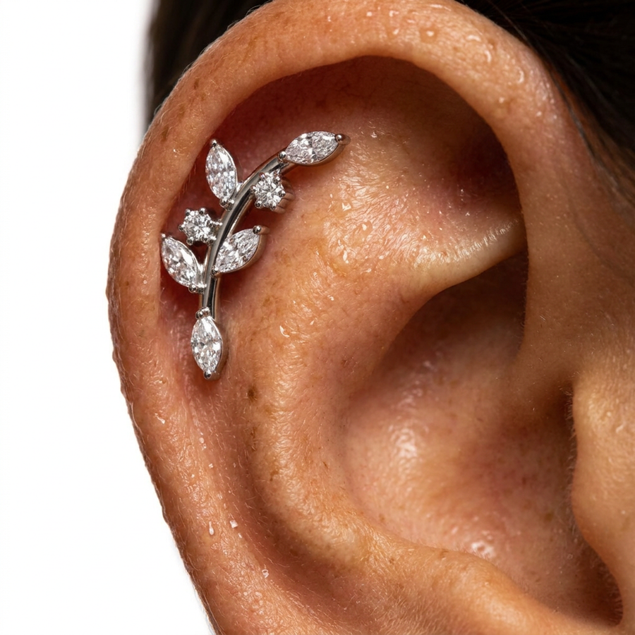 Piercing con ramoscello e zirconi in acciaio chirurgico 316L - Piercing per lobo, helix, forward helix, conch, flat, tragus