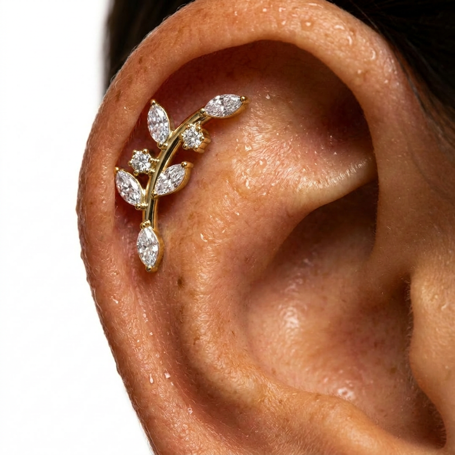 Piercing con ramoscello e zirconi in acciaio chirurgico 316L - Piercing per lobo, helix, forward helix, conch, flat, tragus