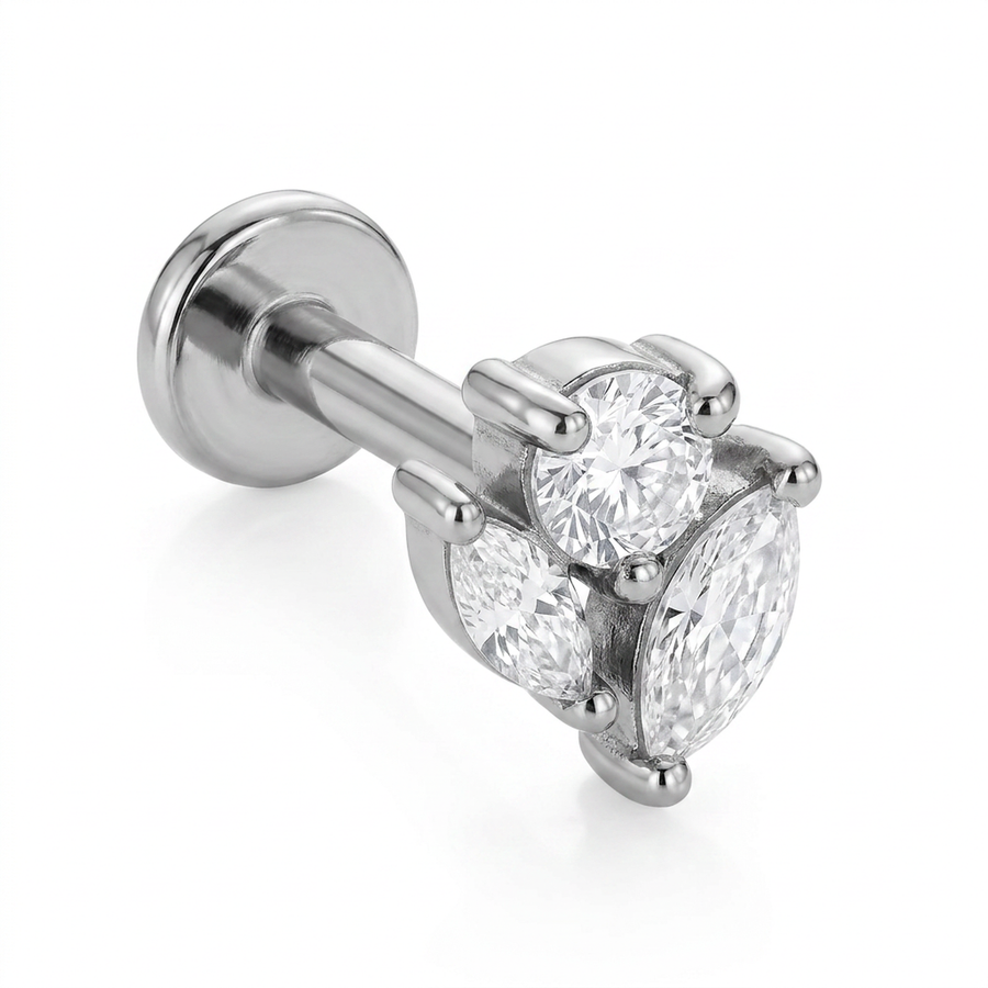 Piercing con tre zirconi in acciaio chirurgico 316L - Piercing per lobo, helix, forward helix, conch, flat, tragus