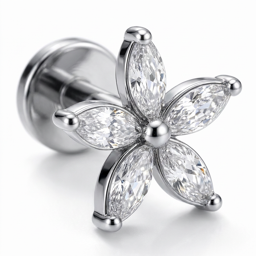 Piercing con fiore di zirconi in acciaio chirurgico 316L - Piercing per lobo, helix, forward helix, conch, flat, tragus
