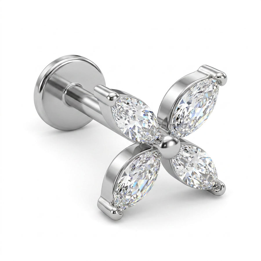 Piercing con quattro petali di zirconi in Acciaio Chirurgico 316L - Piercing per lobo, helix, forward helix, conch, flat, tragus