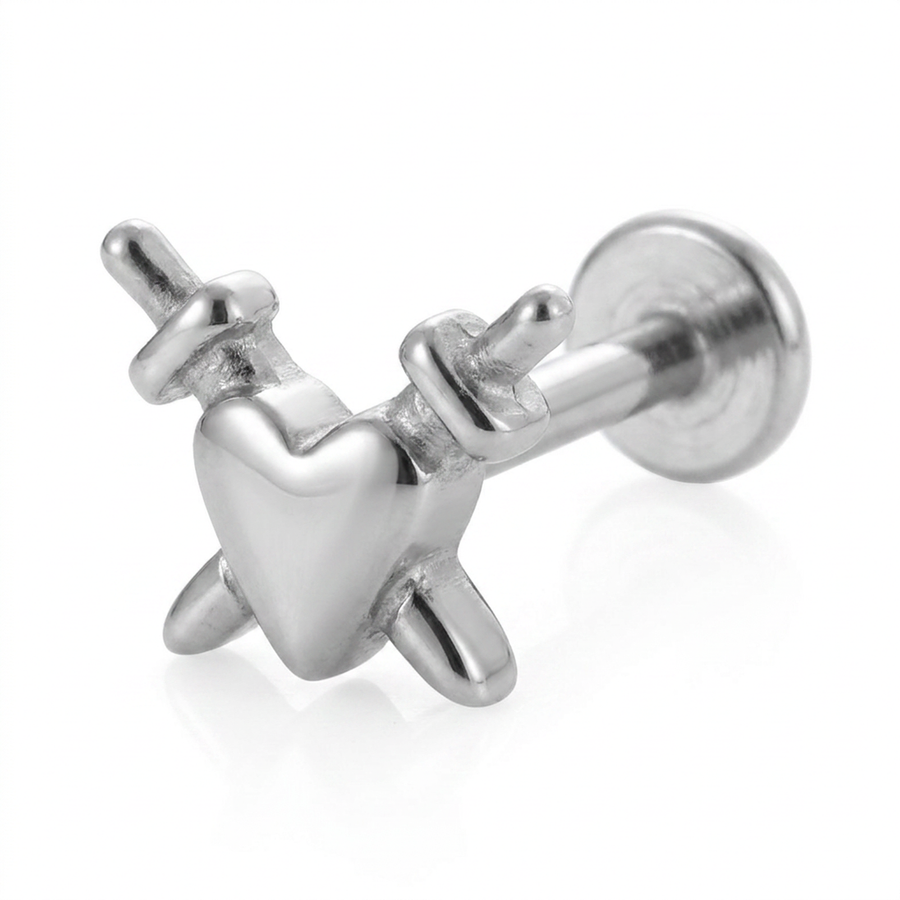 Piercing con cuore e spade in Acciaio Chirurgico 316L - Piercing per lobo, helix, forward helix, conch, flat, tragus