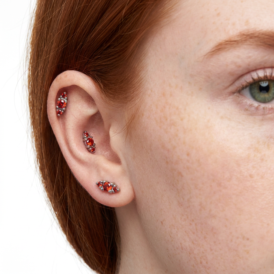 Piercing con zirconi rossi in acciaio chirurgico 316L - Piercing per lobo, helix, forward helix, conch, flat, tragus