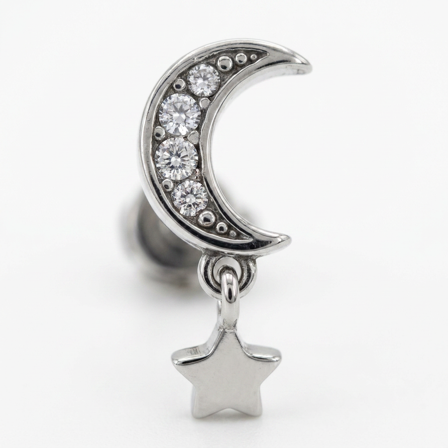 Piercing con mezza luna e pendente di zirconi in Acciaio Chirurgico 316L - Piercing per lobo, helix, forward helix, conch, flat, tragus
