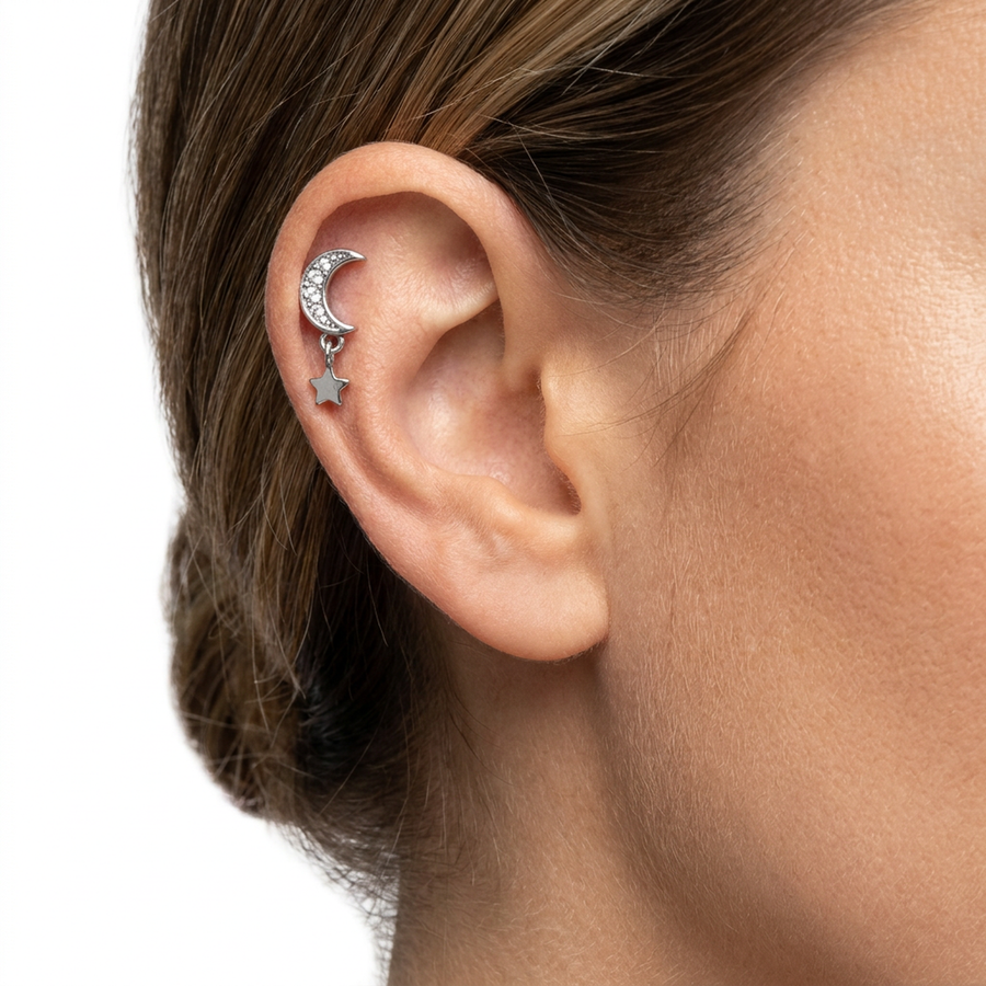 Piercing con mezza luna e pendente di zirconi in Acciaio Chirurgico 316L - Piercing per lobo, helix, forward helix, conch, flat, tragus