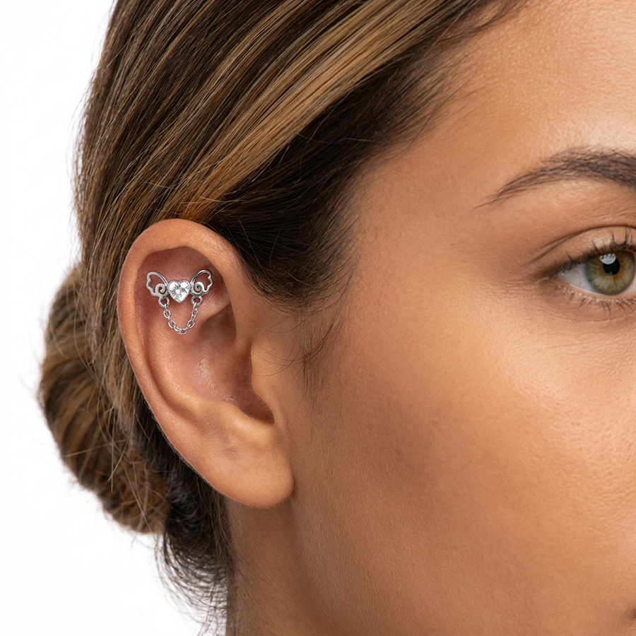 Piercing con cuore e zircone in acciaio chirurgico 316L - Piercing per lobo, helix, forward helix, conch, flat, tragus