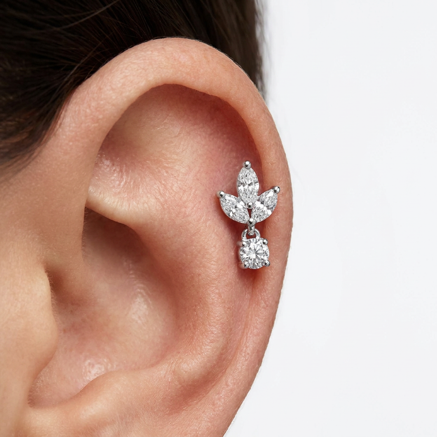 Piercing con tre zirconi e pendente di zirconi in acciaio chirurgico 316L - Piercing per lobo, helix, forward helix, conch, flat, tragus