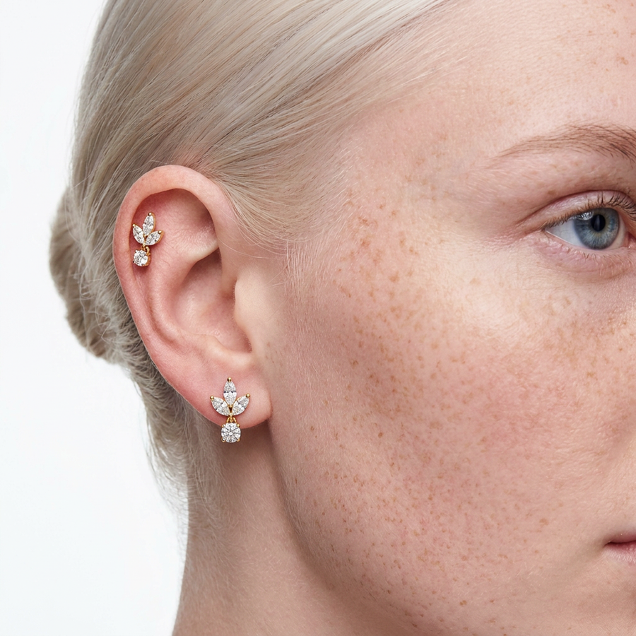 Piercing con tre zirconi e pendente di zirconi in acciaio chirurgico 316L - Piercing per lobo, helix, forward helix, conch, flat, tragus