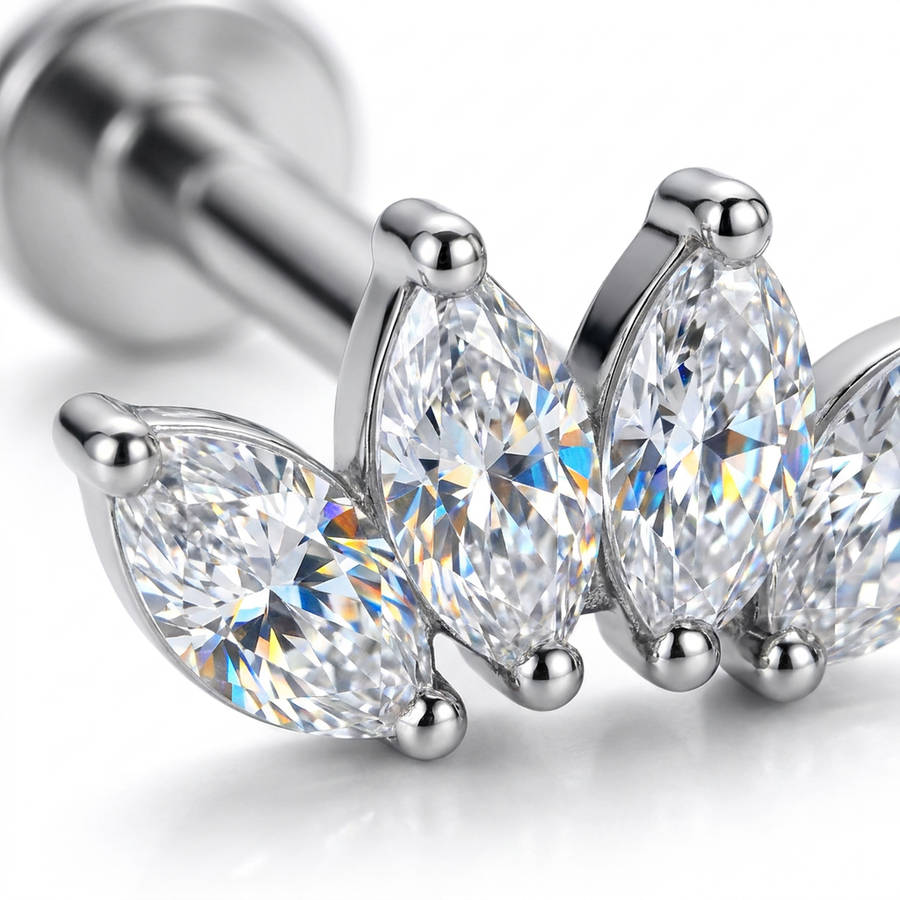 Piercing con quattro zirconi in acciaio chirurgico 316L - Piercing per lobo, helix, forward helix, conch, flat, tragus
