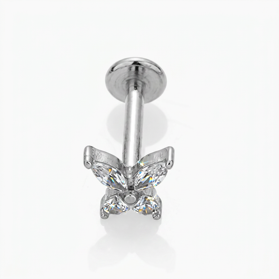 Piercing con farfallina zirconi in Acciaio Chirurgico 316L - Piercing per lobo, helix, forward helix, conch, flat, tragus
