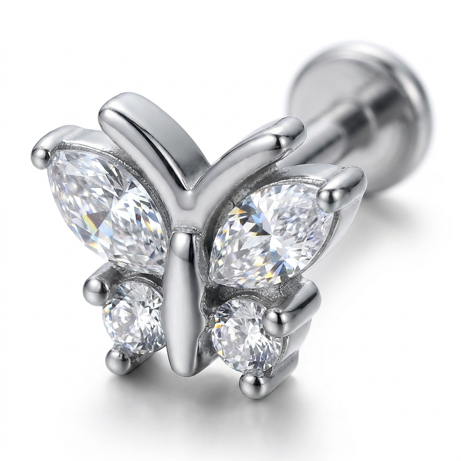 Piercing con farfalla zirconi in Acciaio Chirurgico 316L - Piercing per lobo, helix, forward helix, conch, flat, tragus