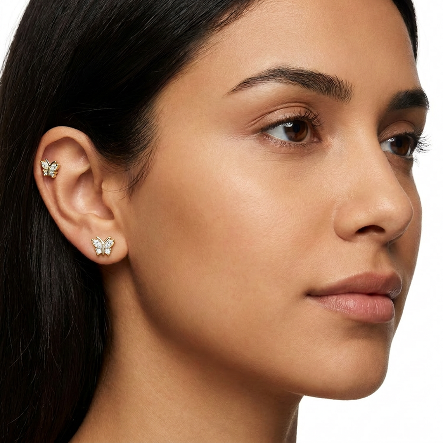 Piercing con farfalla zirconi in Acciaio Chirurgico 316L - Piercing per lobo, helix, forward helix, conch, flat, tragus