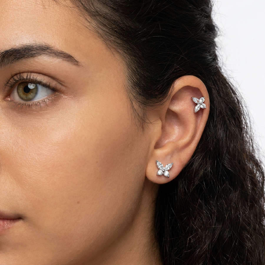 Piercing con farfallina zirconi in Acciaio Chirurgico 316L - Piercing per lobo, helix, forward helix, conch, flat, tragus