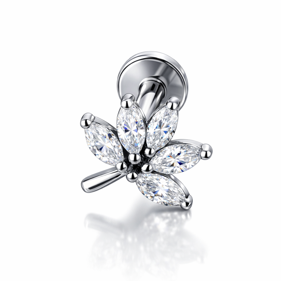 Piercing con foglia di zirconi in acciaio chirurgico 316L - Piercing per lobo, helix, forward helix, conch, flat, tragus