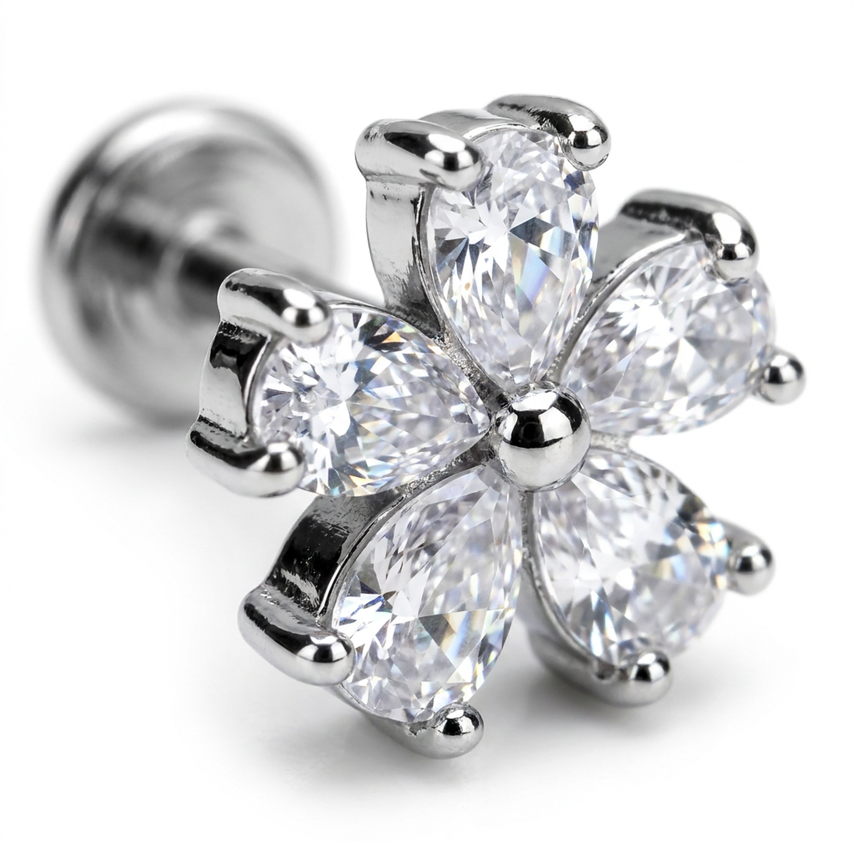 Piercing con fiore di zirconi in Acciaio Chirurgico 316L - Piercing per lobo, helix, forward helix, conch, flat, tragus