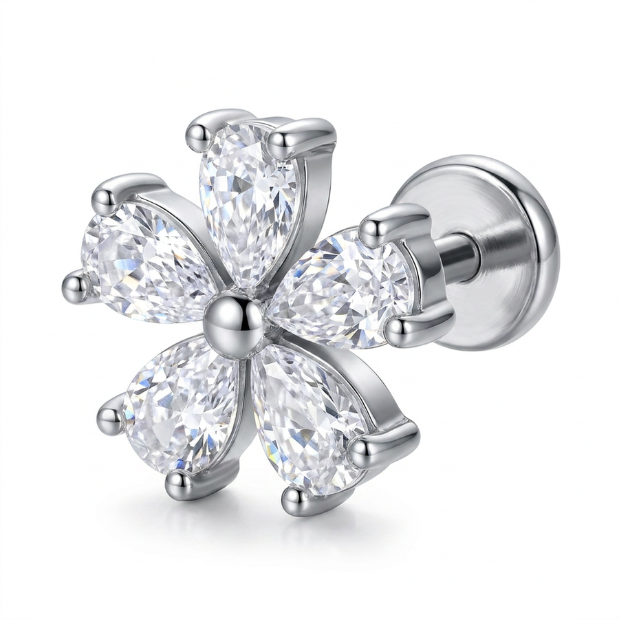 Piercing con fiore di zirconi in Acciaio Chirurgico 316L - Piercing per lobo, helix, forward helix, conch, flat, tragus