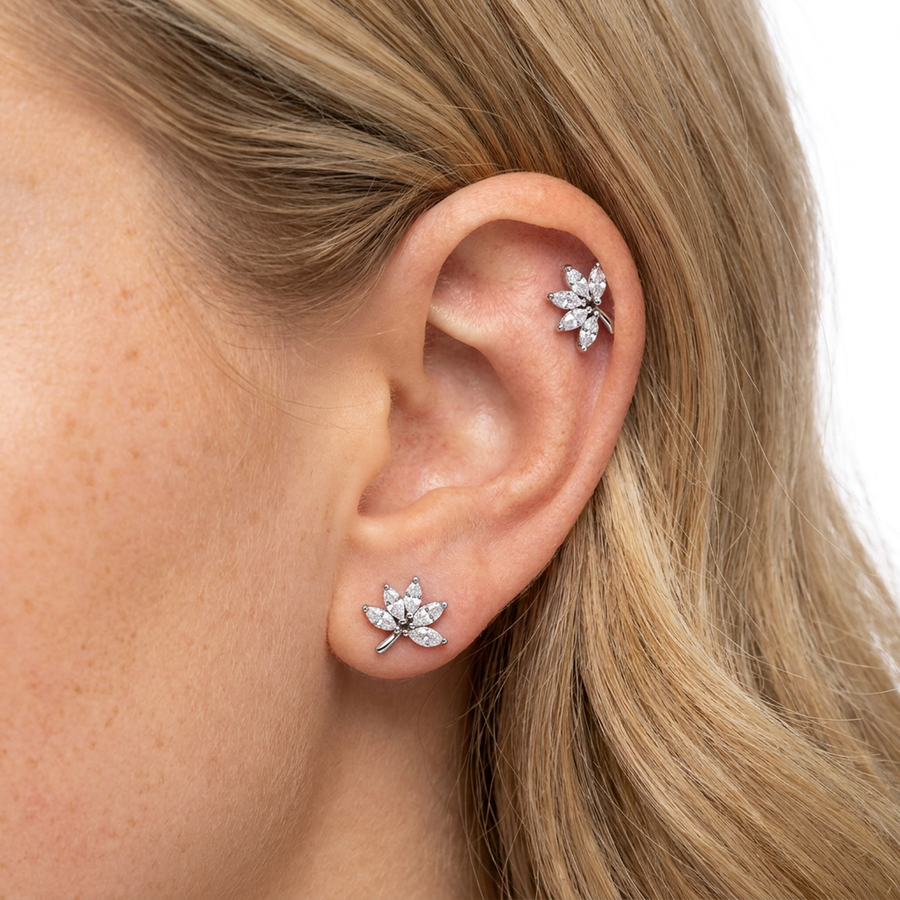 Piercing con foglia di zirconi in acciaio chirurgico 316L - Piercing per lobo, helix, forward helix, conch, flat, tragus