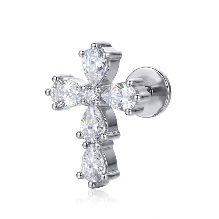 Piercing con croce di zirconi in Acciaio Chirurgico 316L - Piercing per lobo, helix, forward helix, conch, flat, tragus