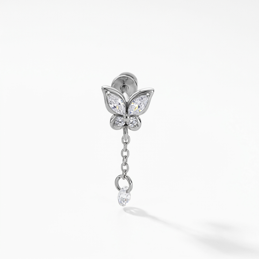 Barretta con farfalla e pendente con zircone in Acciaio Chirurgico 316L - Piercing per lobo, helix, forward helix, conch, flat, tragus