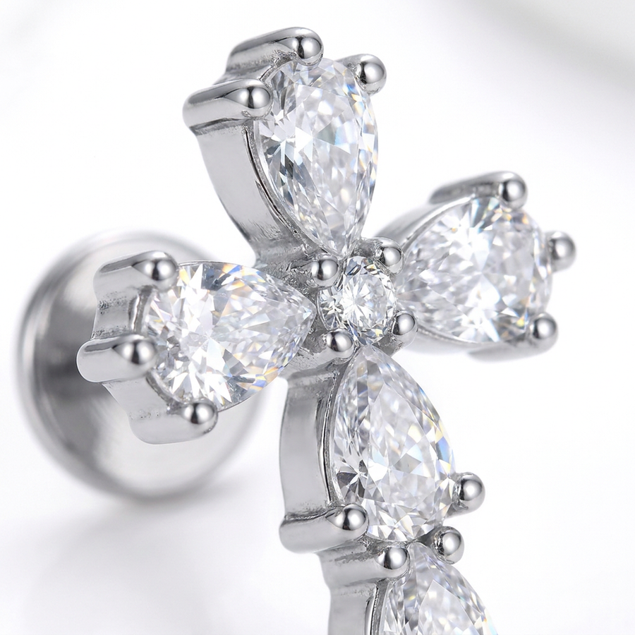 Piercing con croce di zirconi in Acciaio Chirurgico 316L - Piercing per lobo, helix, forward helix, conch, flat, tragus