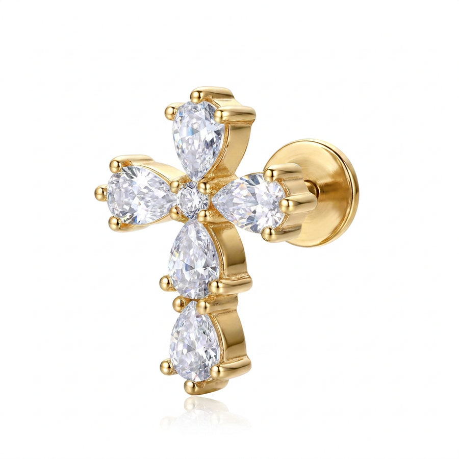 Piercing con croce di zirconi in Acciaio Chirurgico 316L - Piercing per lobo, helix, forward helix, conch, flat, tragus