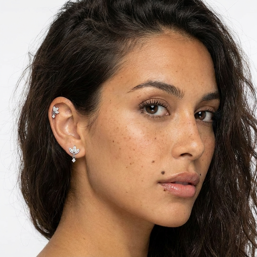 Piercing con zirconi e pendente in acciaio chirurgico 316L - Piercing per lobo, helix, forward helix, conch, flat, tragus