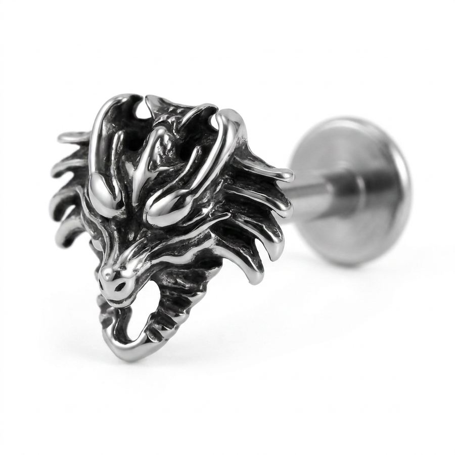 Piercing con faccia di drago in Acciaio Chirurgico 316L - Piercing per lobo, helix, forward helix, conch, flat, tragus