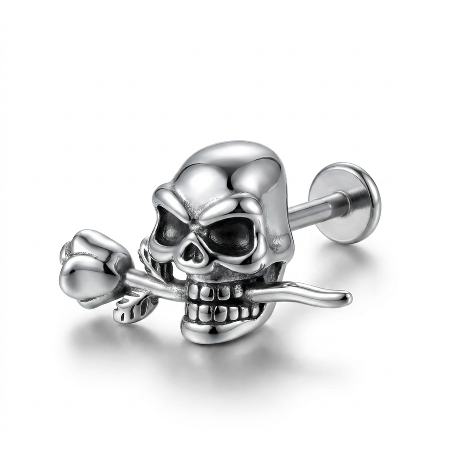 Piercing con teschio e rosa in Acciaio Chirurgico 316L - Piercing per lobo, helix, forward helix, conch, flat, tragus