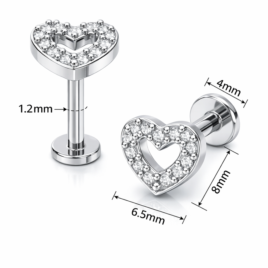 Barretta con cuore zirconato in Acciaio Chirurgico 316L - Piercing per lobo, helix, forward helix, conch, flat, tragus