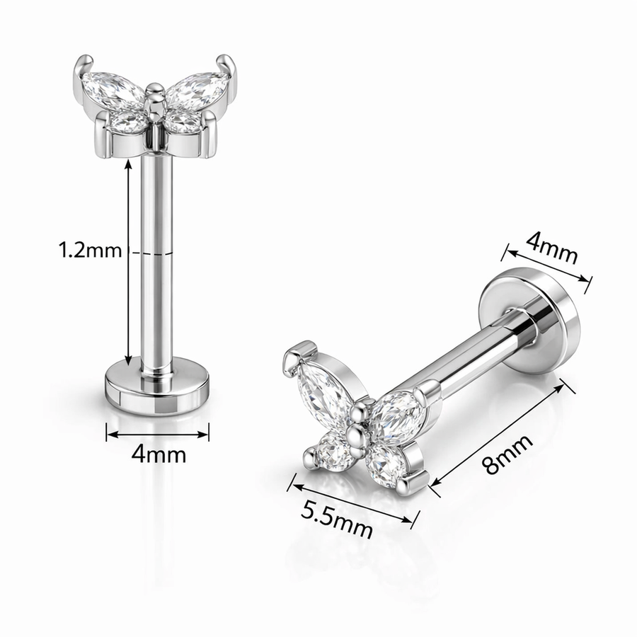 Barretta con farfalla zirconata in Acciaio Chirurgico 316L - Piercing per lobo, helix, forward helix, conch, flat, tragus