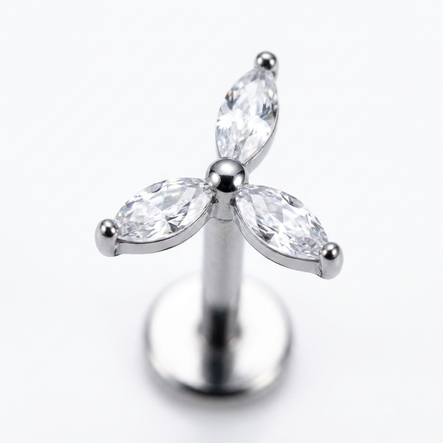 Piercing con tre zirconi in acciaio chirurgico 316L - Piercing per lobo, helix, forward helix, conch, flat, tragus