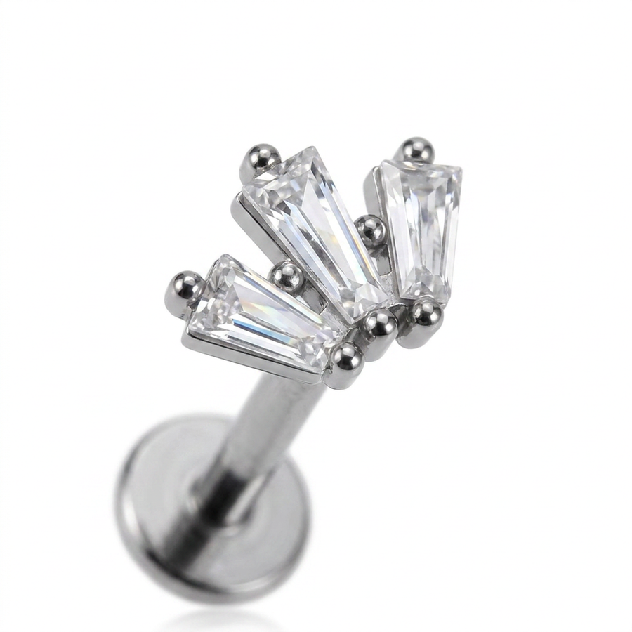 Piercing con tre zirconi in acciaio chirurgico 316L - Piercing per lobo, helix, forward helix, conch, flat, tragus