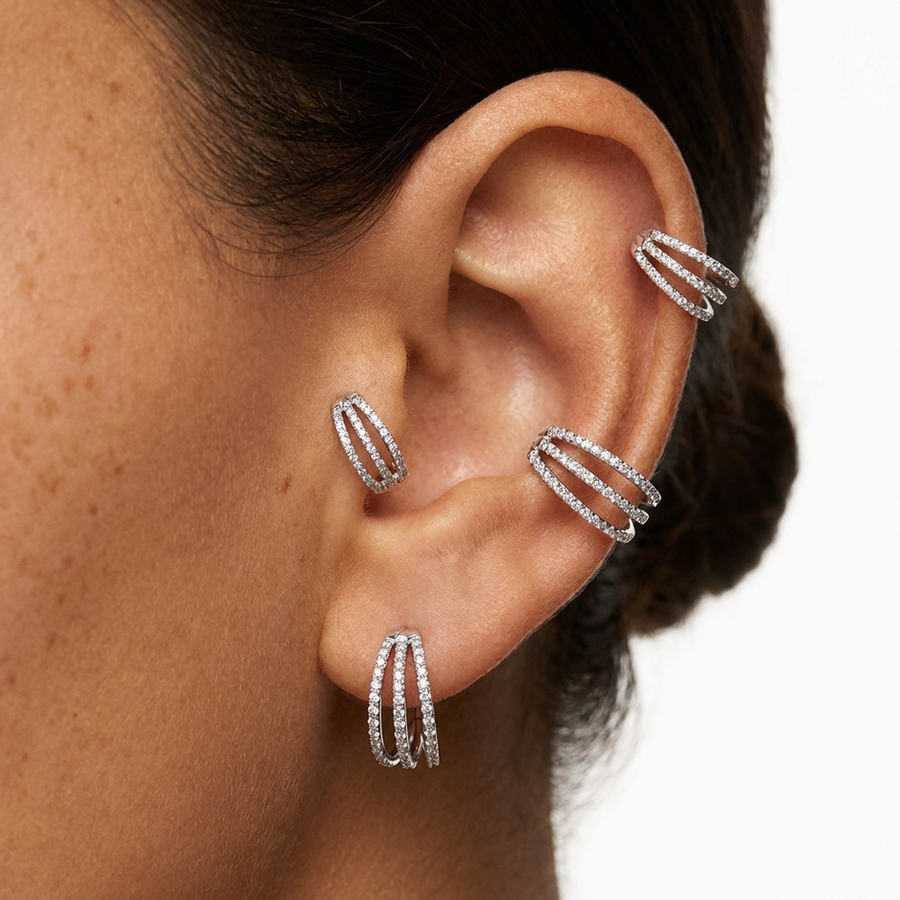 Piercing cerchietto con tre strisce di zirconi in Acciaio Chirurgico 316L - Piercing per lobo, helix, forward helix, conch, tragus
