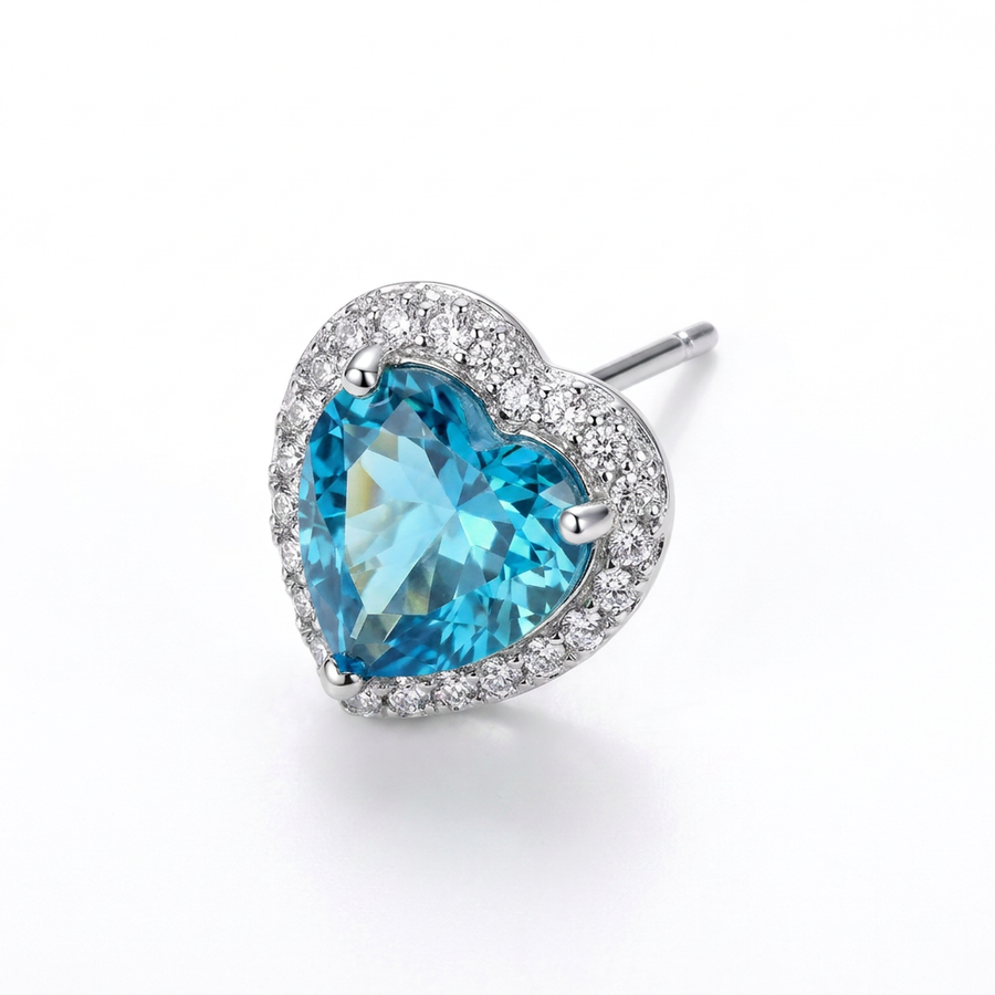 Brillantino a forma di cuore con zircone azzurro in Argento 925 - Orecchino per lobo