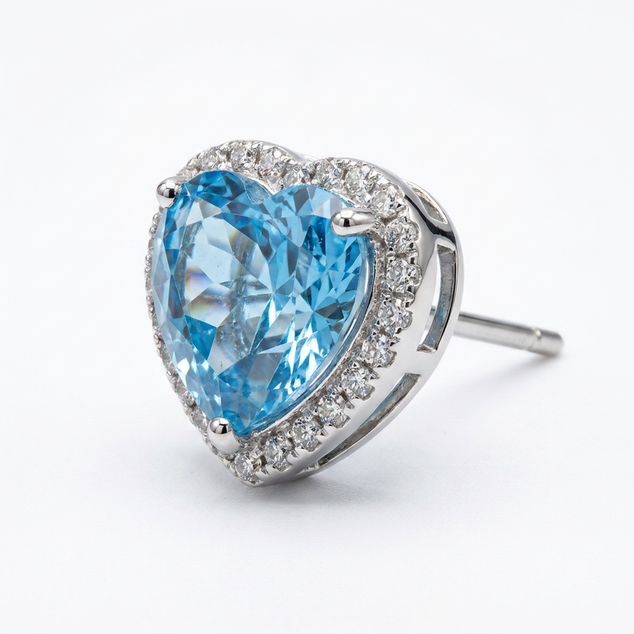 Brillantino a forma di cuore con zircone azzurro in Argento 925 - Orecchino per lobo
