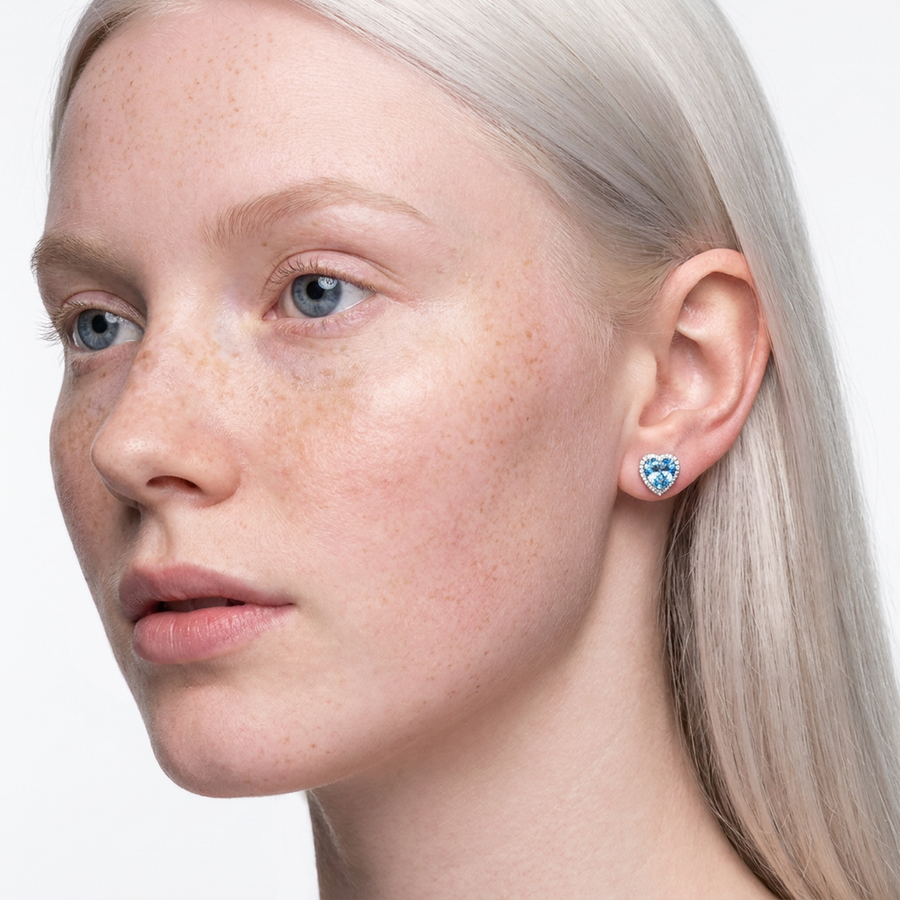 Brillantino a forma di cuore con zircone azzurro in Argento 925 - Orecchino per lobo