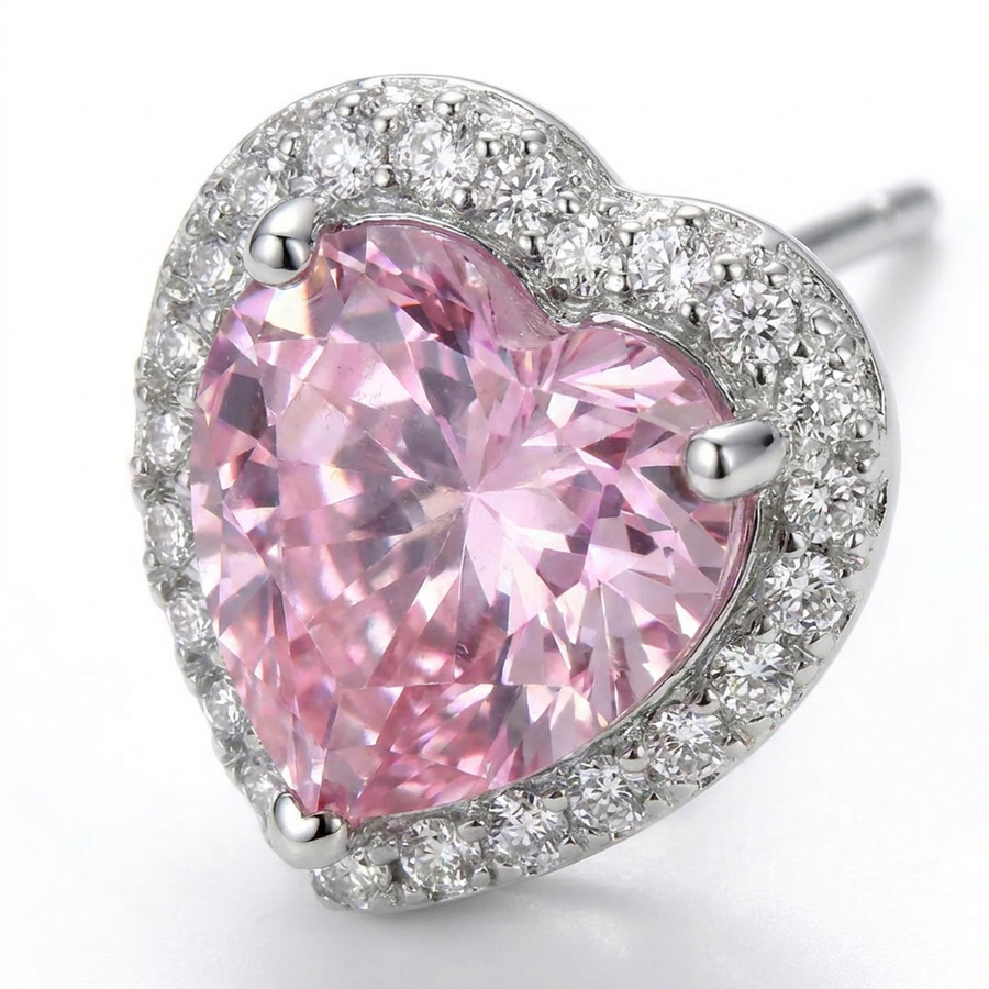 Brillantino a forma di cuore con zircone rosa in Argento 925 - Orecchino per lobo