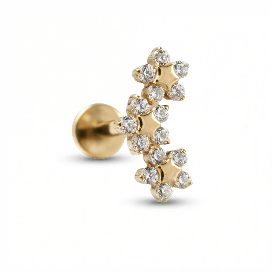 Piercing con tre fiori di zirconi in Titanio G23- Piercing per Lobo, helix, forward helix, conch, flat, tragus