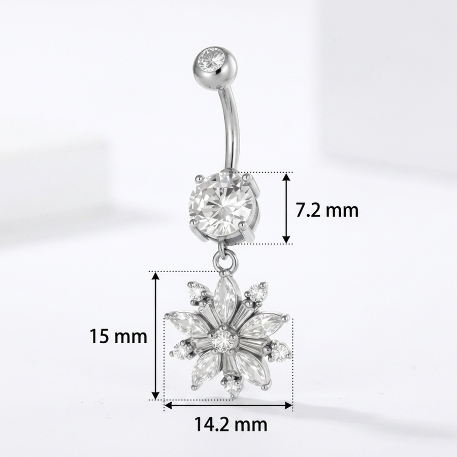 Piercing con zircone e fiore pendente in Acciaio Chirurgico 316L - Piercing per ombelico