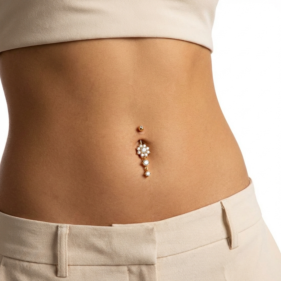 Piercing con fiore e due zirconi pendenti in Acciaio Chirurgico 316L - Piercing per ombelico