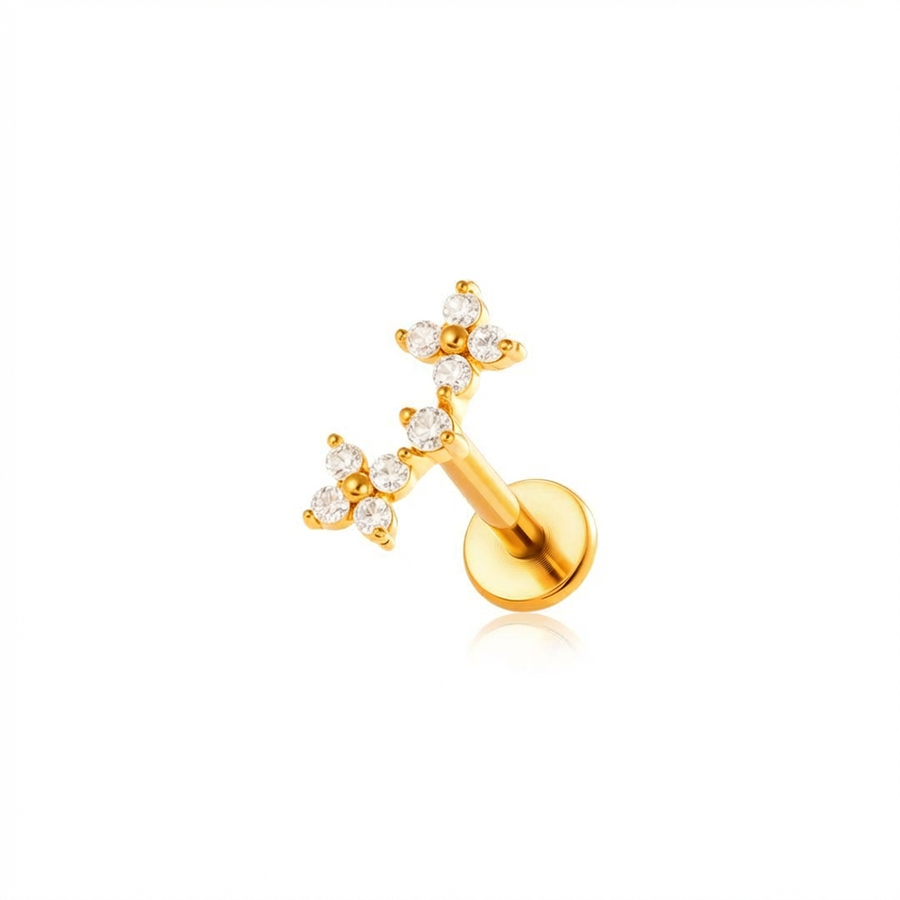 Barretta con due fiorellini e zirconi in Acciaio Chirurgico 316L - Piercing per orecchio