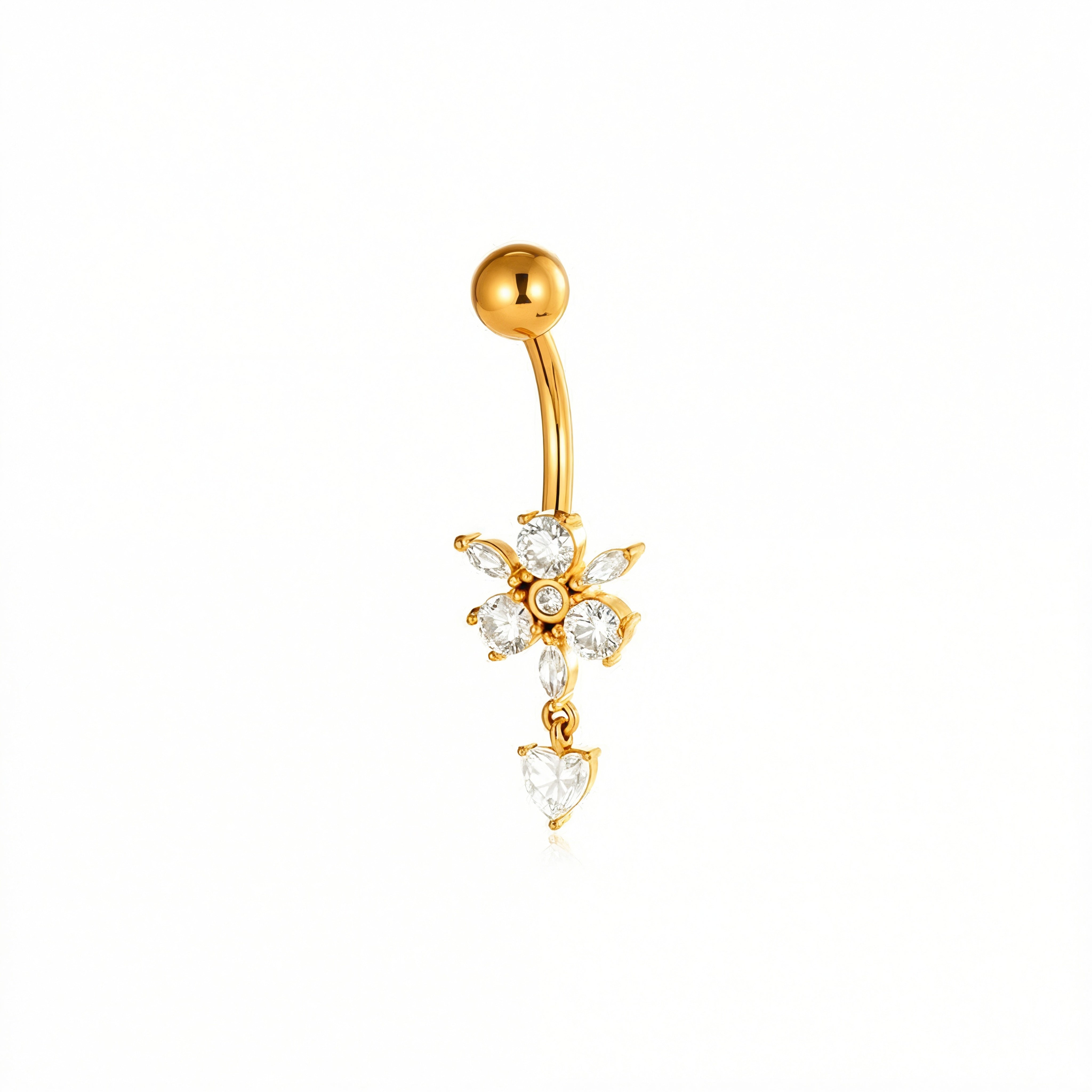 Piercing con fiore di zirconi e cuore pendente in Acciaio Chirurgico 316L - Piercing per ombelico